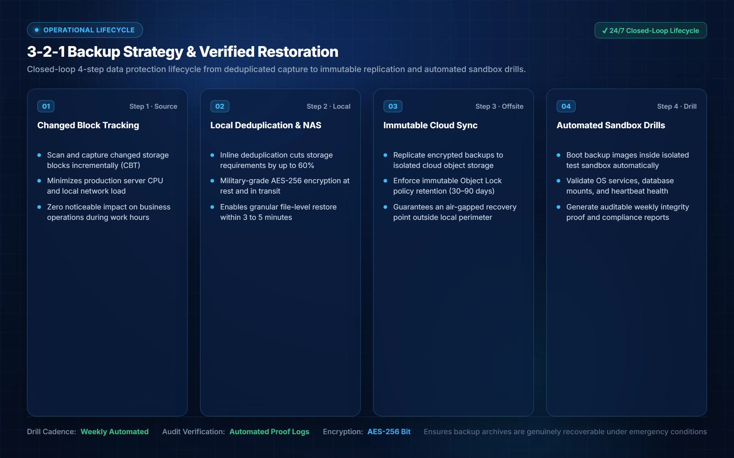 3-2-1 backup strategy and scheduled restoration process diagram