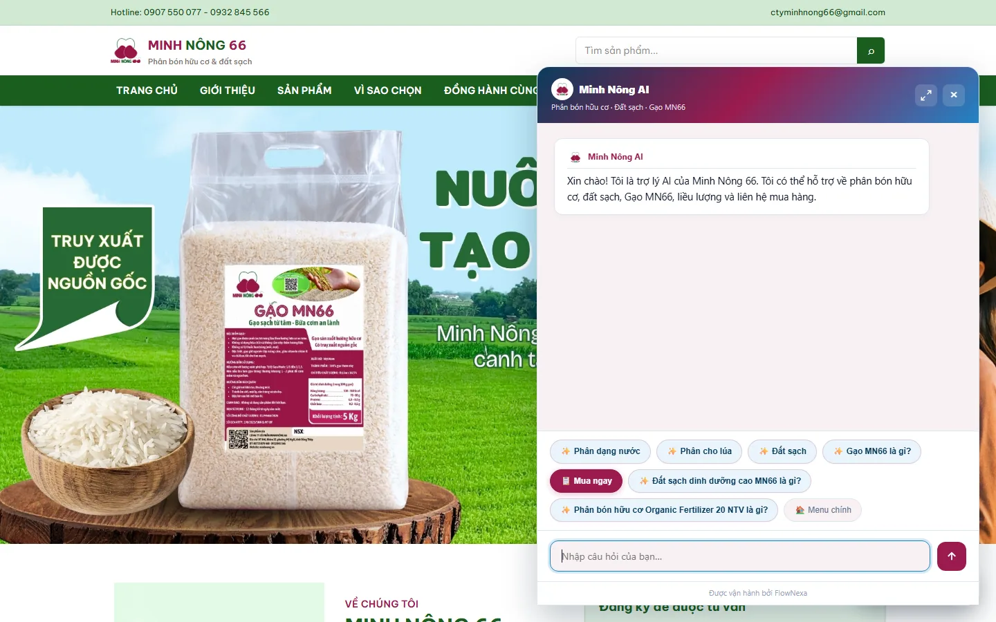 Screenshot chatbot AI FlowNexa trên website demo